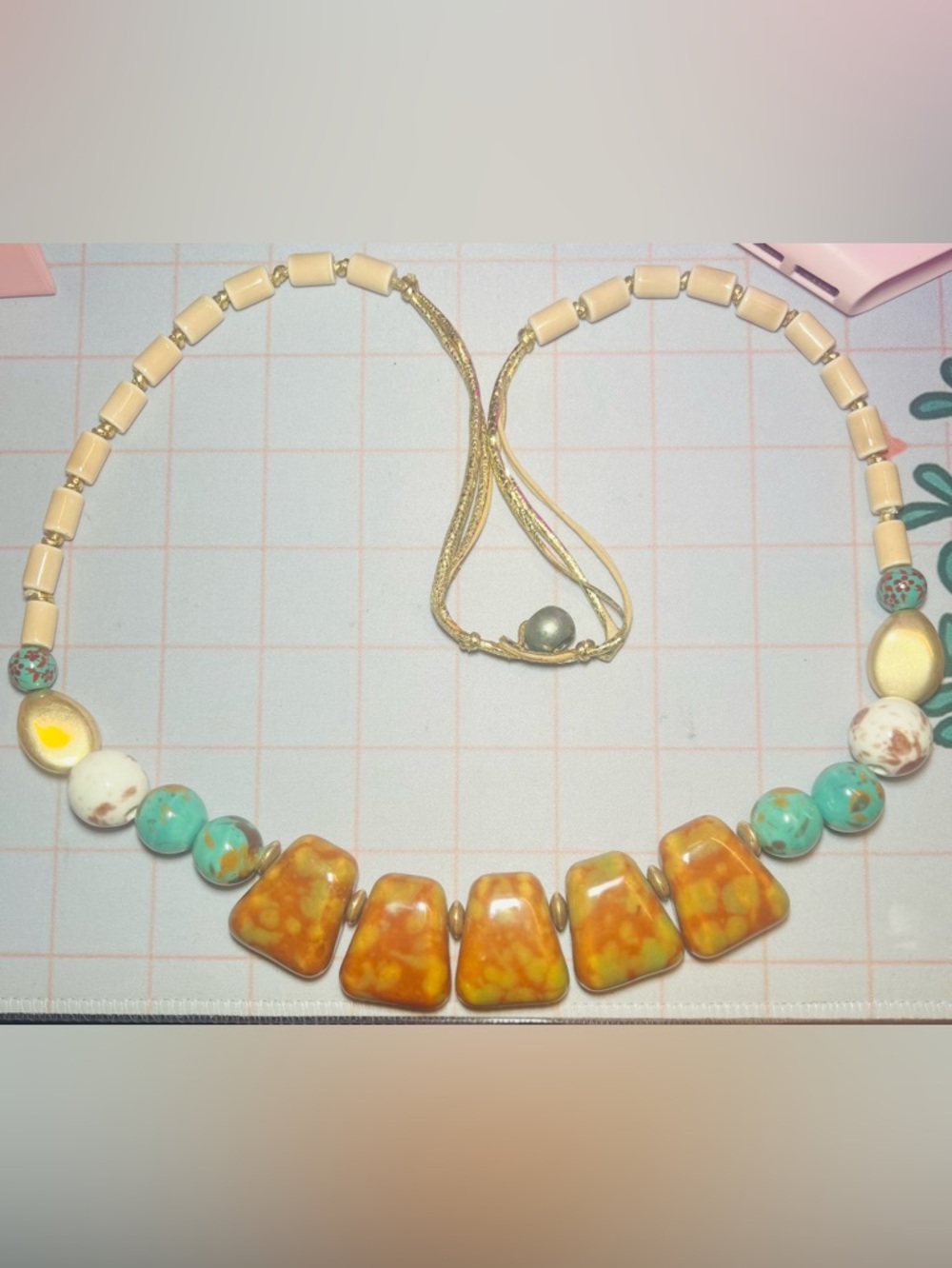 Handmade Cream, Turquoise and Amber Beaded Statement Necklace